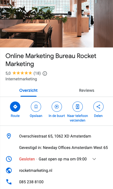 Screenshot van Google My Business van Rocket Marketing